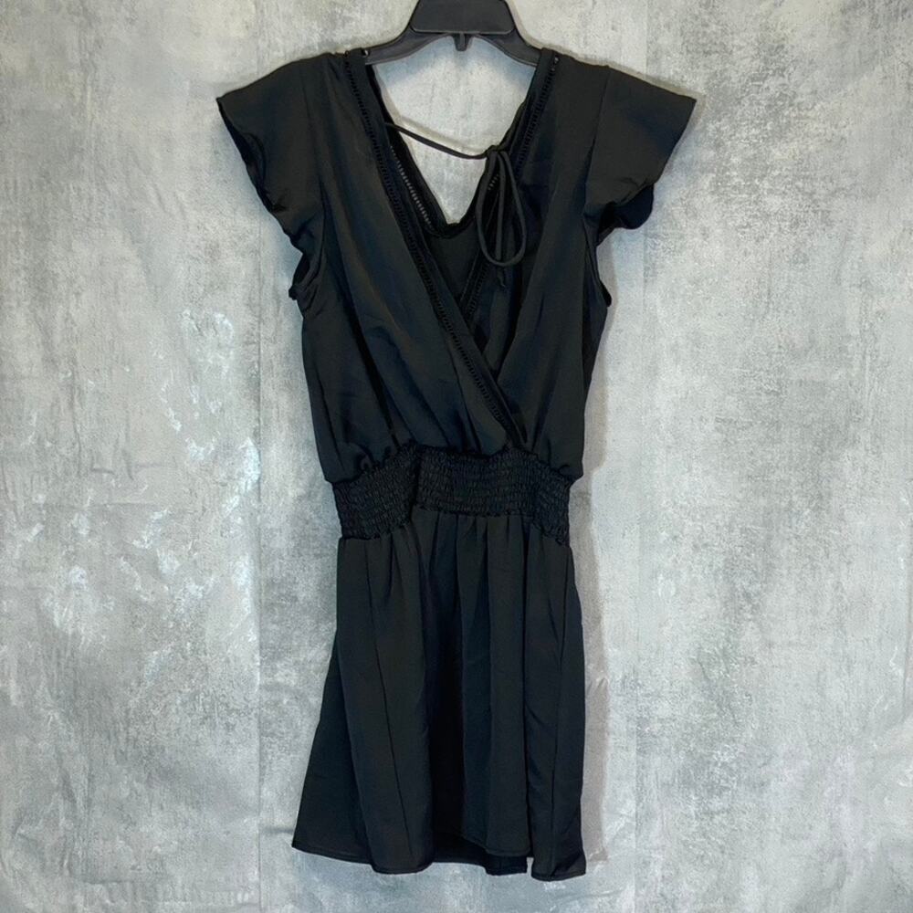 LUNA CHIX Women's Solid Black Flutter Sleeve Double V-Neck Smocked Waist Mini - Picture 3 of 9